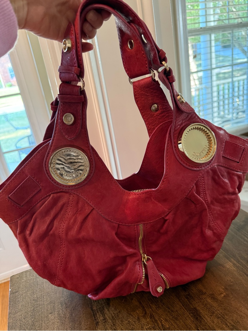Lux Red Shoulder Hobo with Gold Medallion Accents